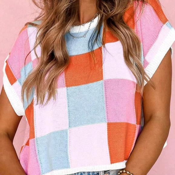 Women's Colorful Plaid Crew Neck Short Sleeved Fashion Casual - Picture 1 of 4
